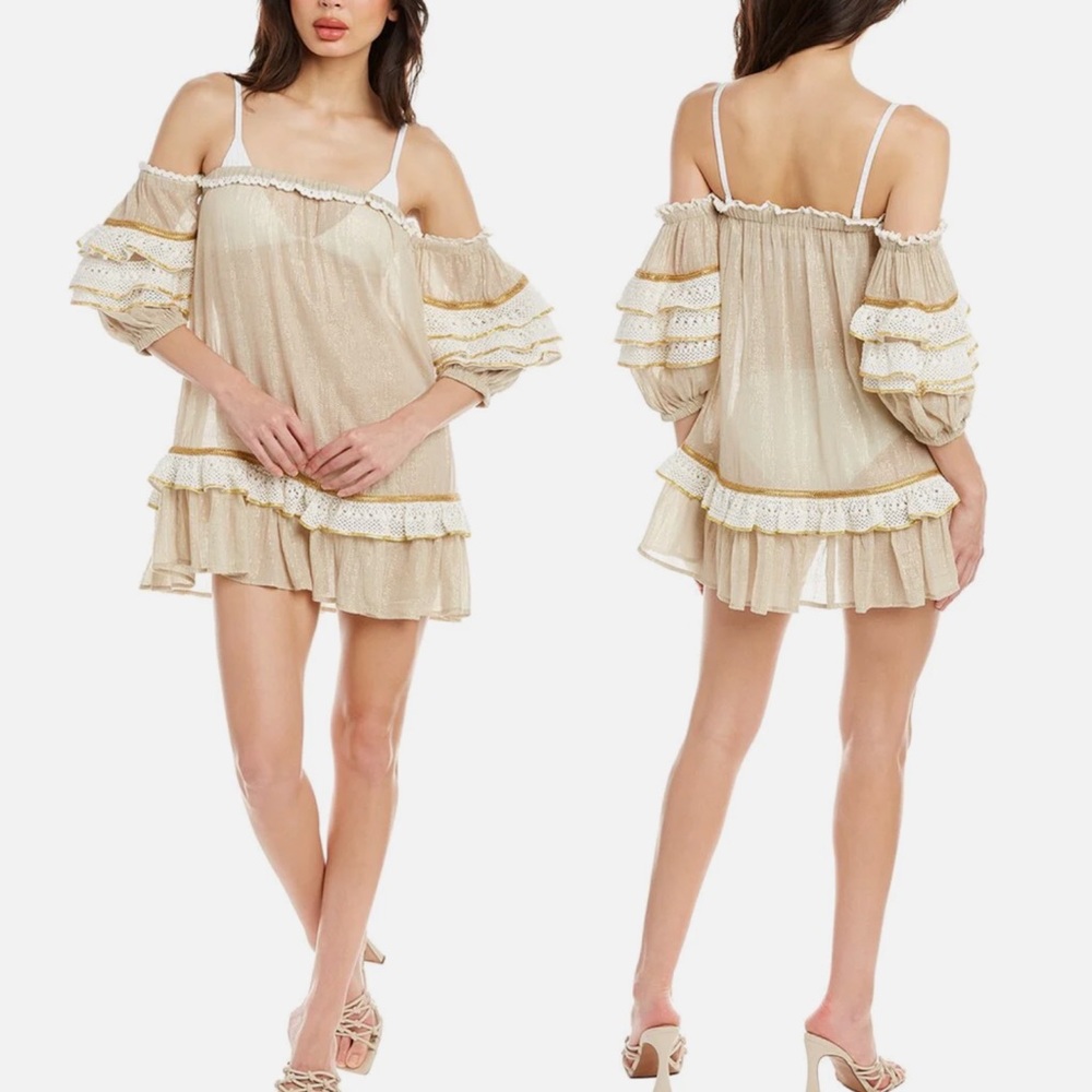 Ramy Brook Kyro Mini Dress Swimsuit Coverup Sheer‎ Metallic Strapless Medium